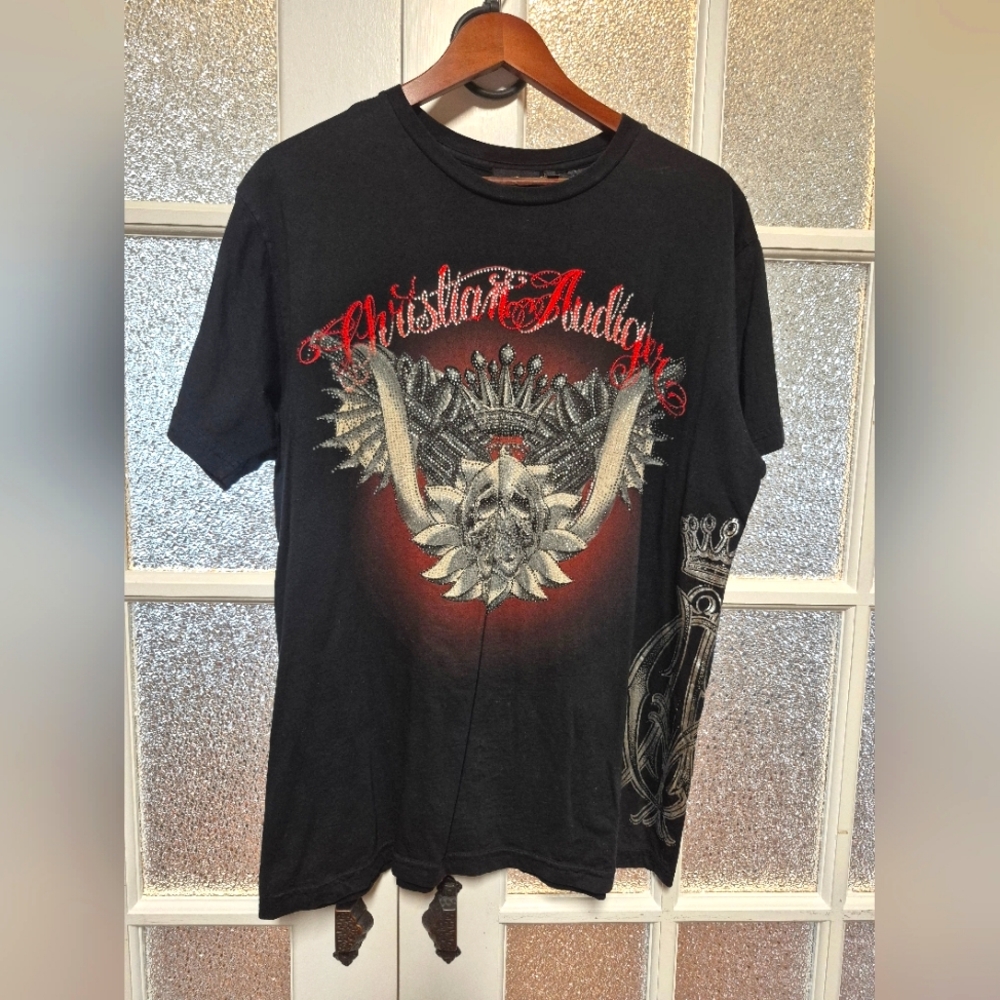 Christian Audigier Rhinestones Graphic Black Short Sleeve SS Tee T-Shirt XL